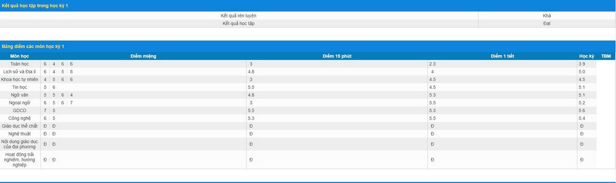 Thông tin kết quả học tập kỳ I – Tracuudiemvnedu.net